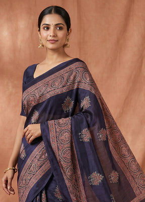 Blue Printed Silk Saree Without Blouse Piece