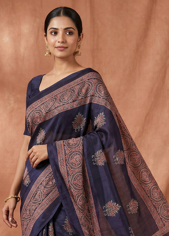 Blue Printed Silk Saree Without Blouse Piece