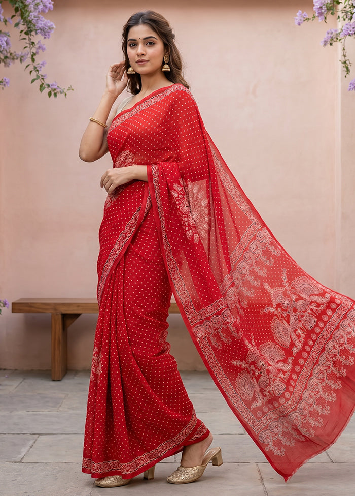 Red Printed Silk Saree Without Blouse Piece