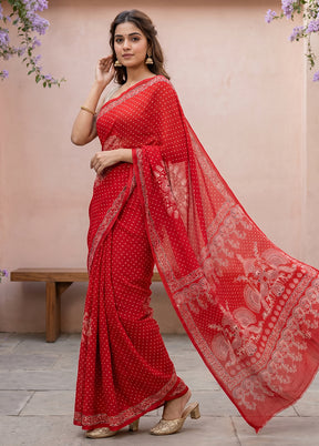 Red Printed Silk Saree Without Blouse Piece