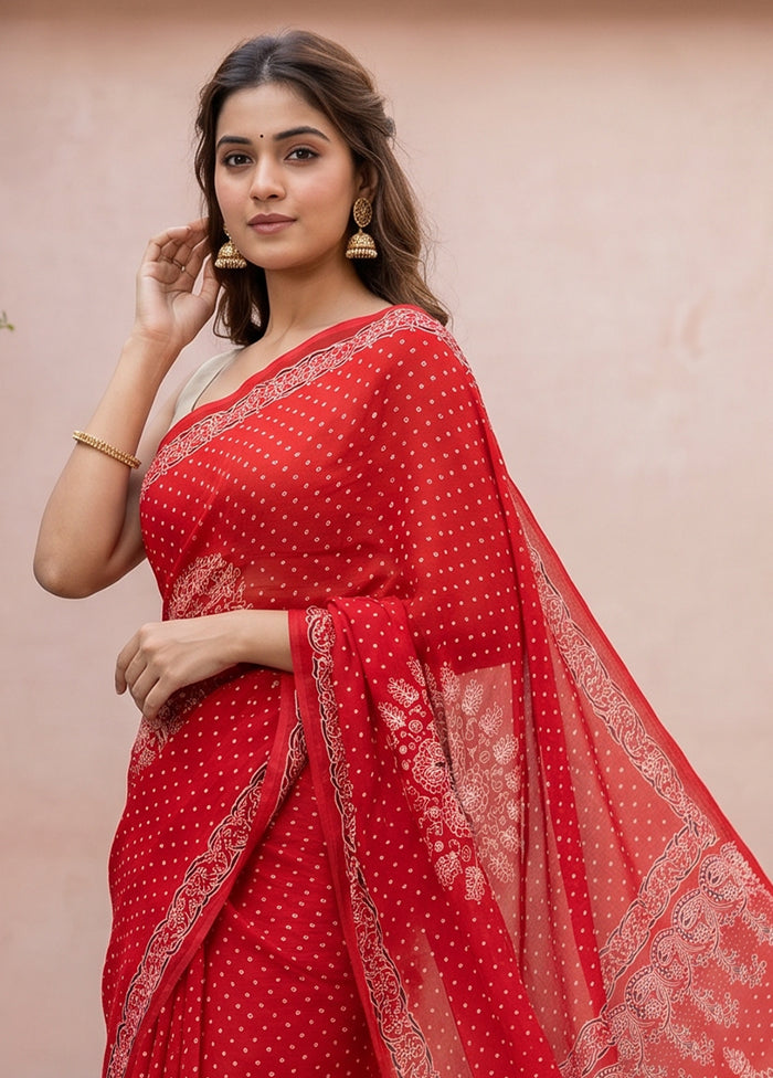 Red Printed Silk Saree Without Blouse Piece