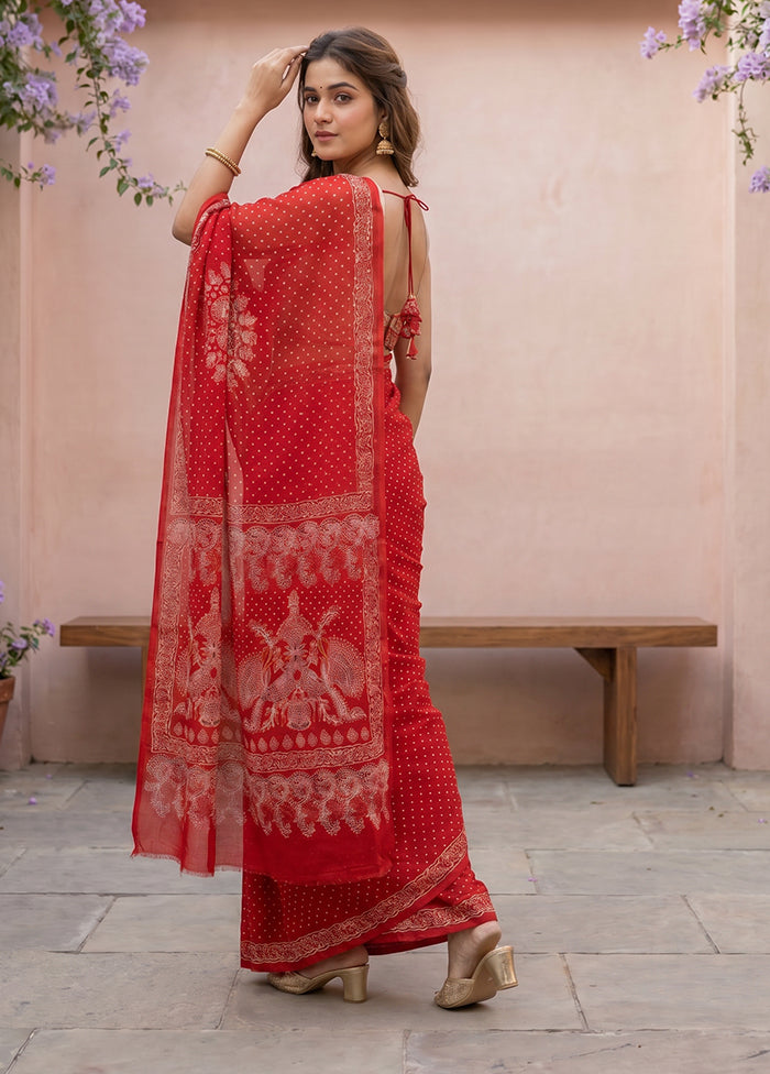 Red Printed Silk Saree Without Blouse Piece