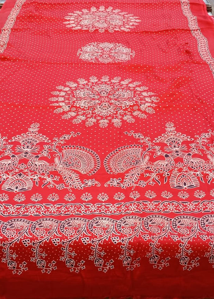 Red Printed Silk Saree Without Blouse Piece