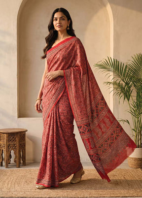 Red Printed Silk Saree Without Blouse Piece