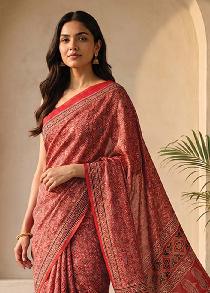 Red Printed Silk Saree Without Blouse Piece