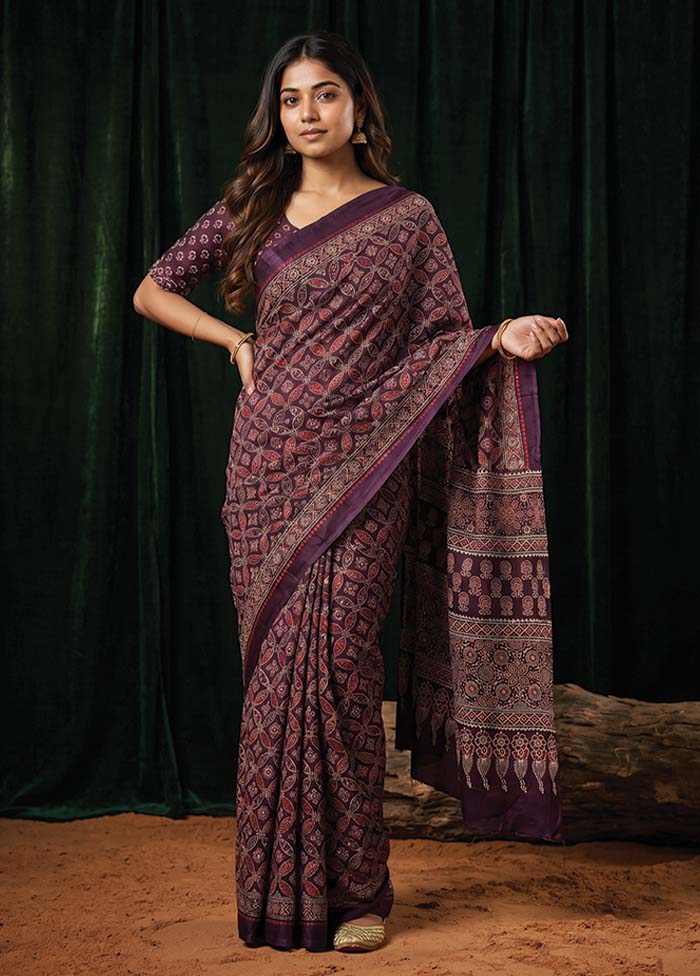 Purple Printed Silk Saree Without Blouse Piece