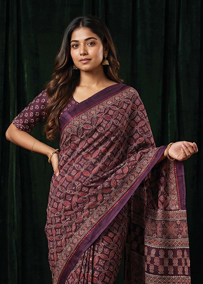 Purple Printed Silk Saree Without Blouse Piece