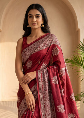 Maroon Printed Silk Saree Without Blouse Piece