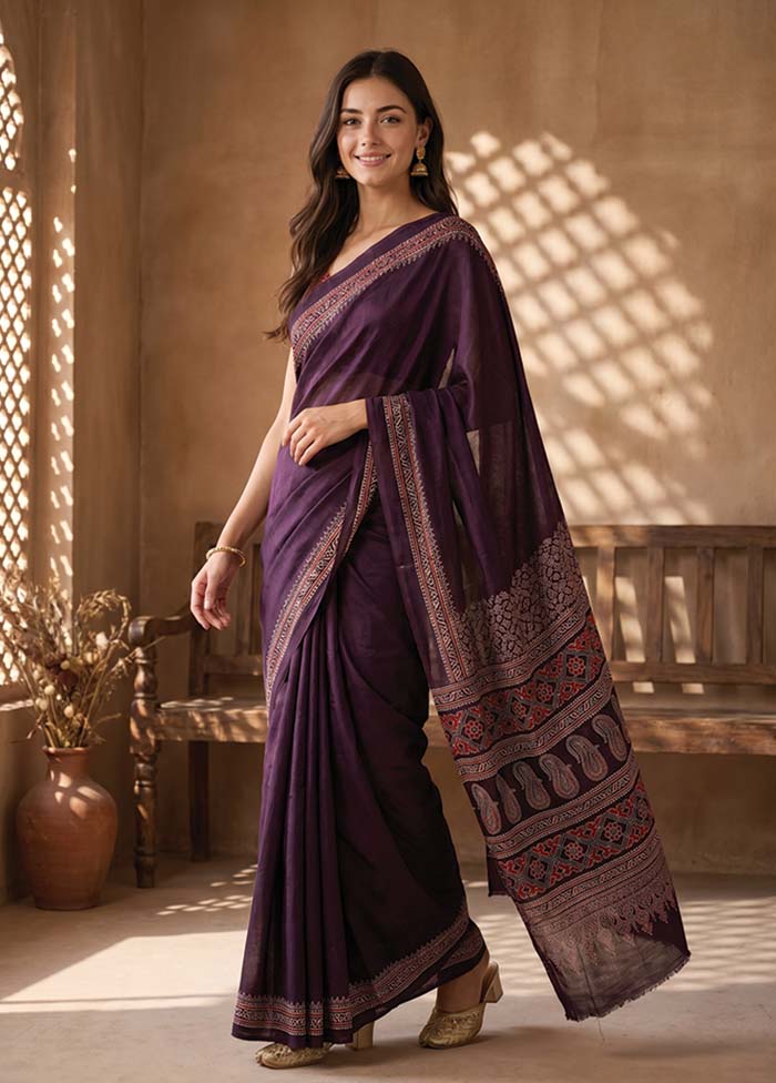 Purple Printed Silk Saree Without Blouse Piece