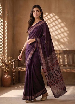 Purple Printed Silk Saree Without Blouse Piece