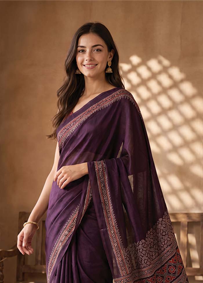 Purple Printed Silk Saree Without Blouse Piece