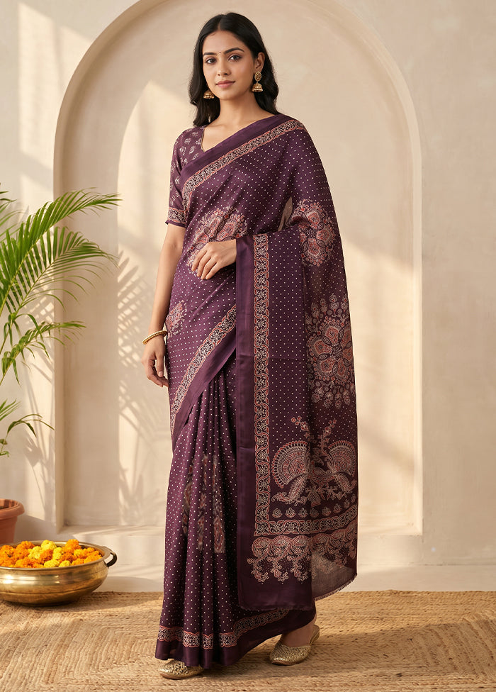 Purple Printed Silk Saree Without Blouse Piece