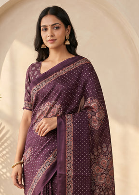 Purple Printed Silk Saree Without Blouse Piece