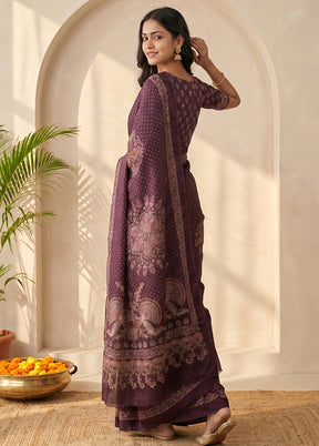 Purple Printed Silk Saree Without Blouse Piece