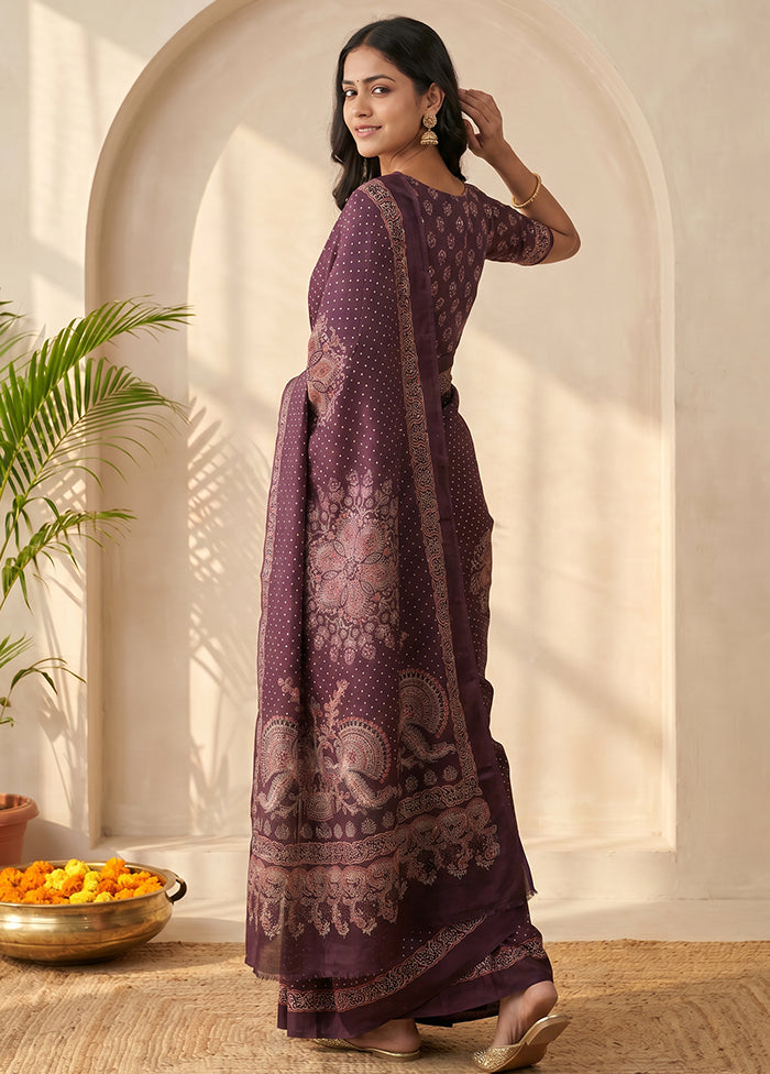 Purple Printed Silk Saree Without Blouse Piece