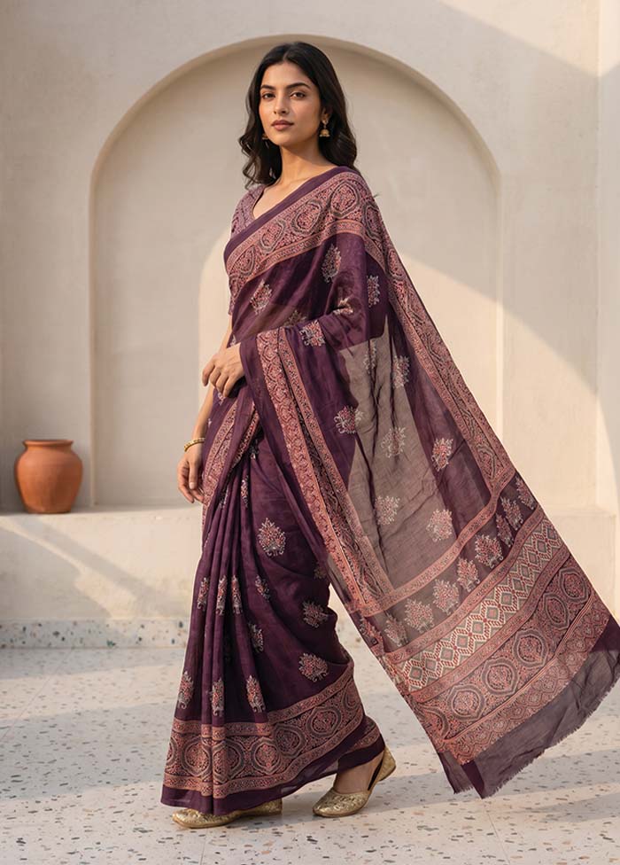 Purple Printed Silk Saree Without Blouse Piece