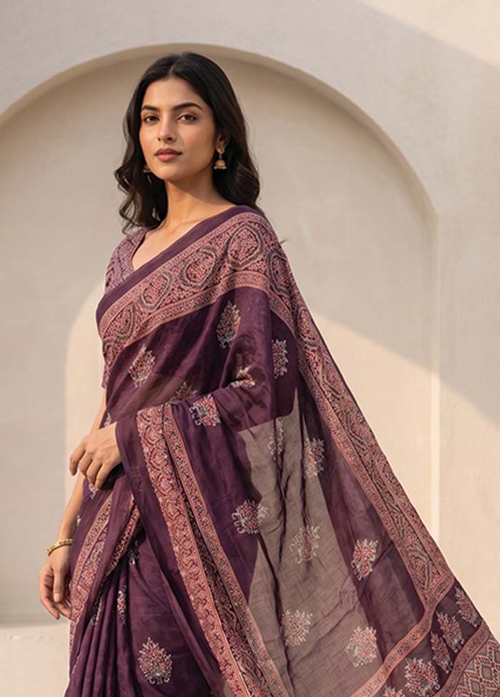 Purple Printed Silk Saree Without Blouse Piece