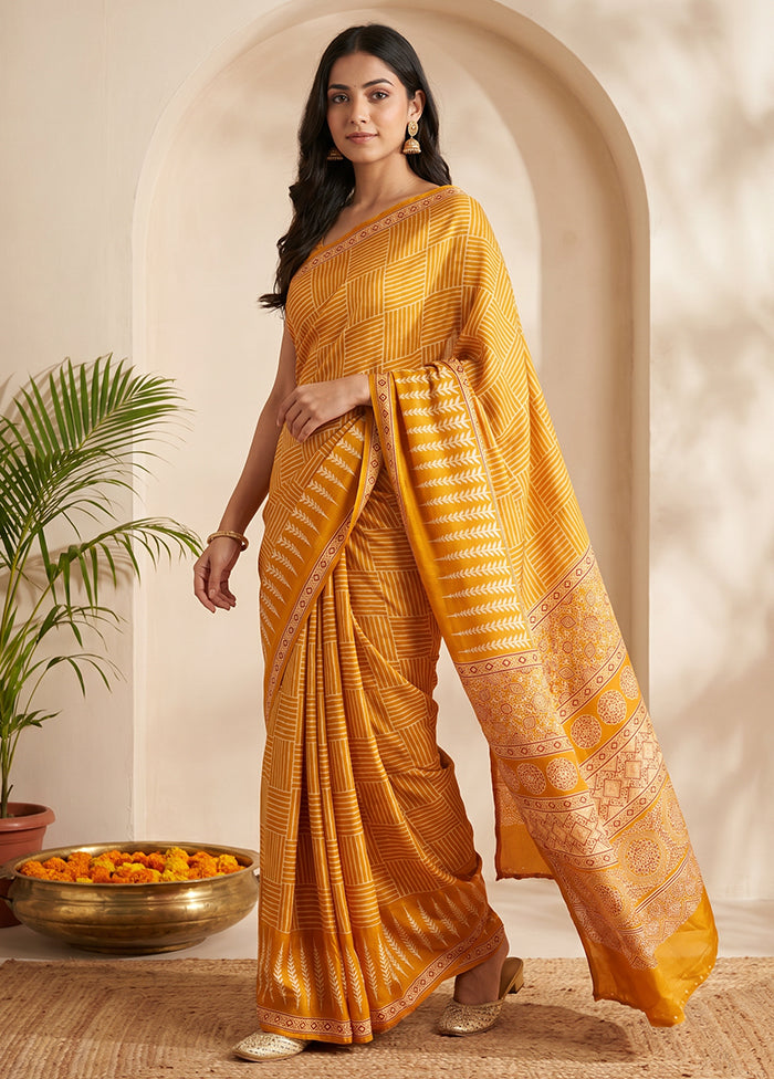 Yellow Printed Silk Saree Without Blouse Piece