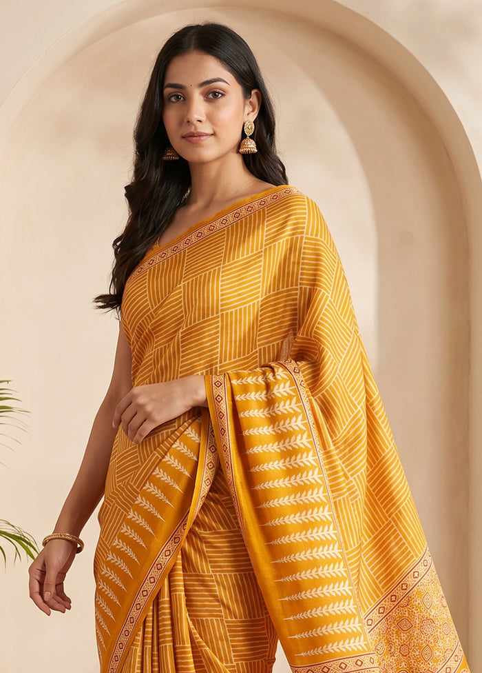 Yellow Printed Silk Saree Without Blouse Piece
