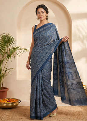 Blue Printed Silk Saree Without Blouse Piece