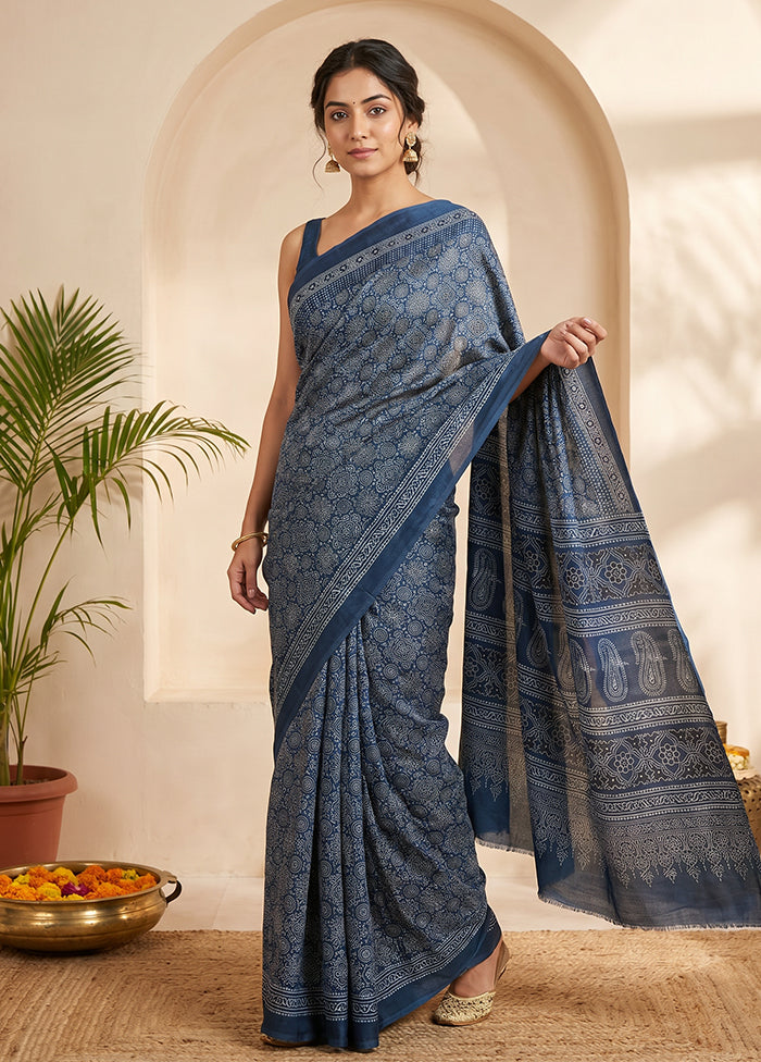 Blue Printed Silk Saree Without Blouse Piece
