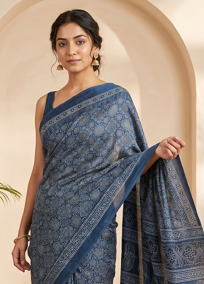 Blue Printed Silk Saree Without Blouse Piece
