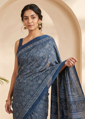 Blue Printed Silk Saree Without Blouse Piece