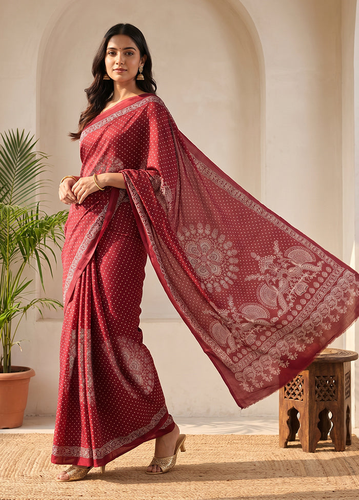 Maroon Printed Silk Saree Without Blouse Piece