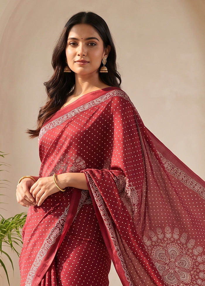 Maroon Printed Silk Saree Without Blouse Piece