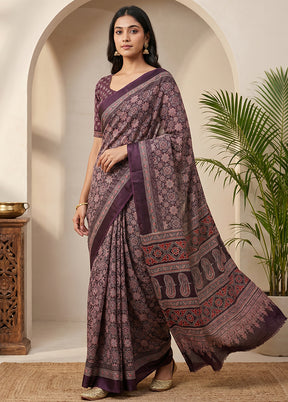 Purple Printed Silk Saree Without Blouse Piece