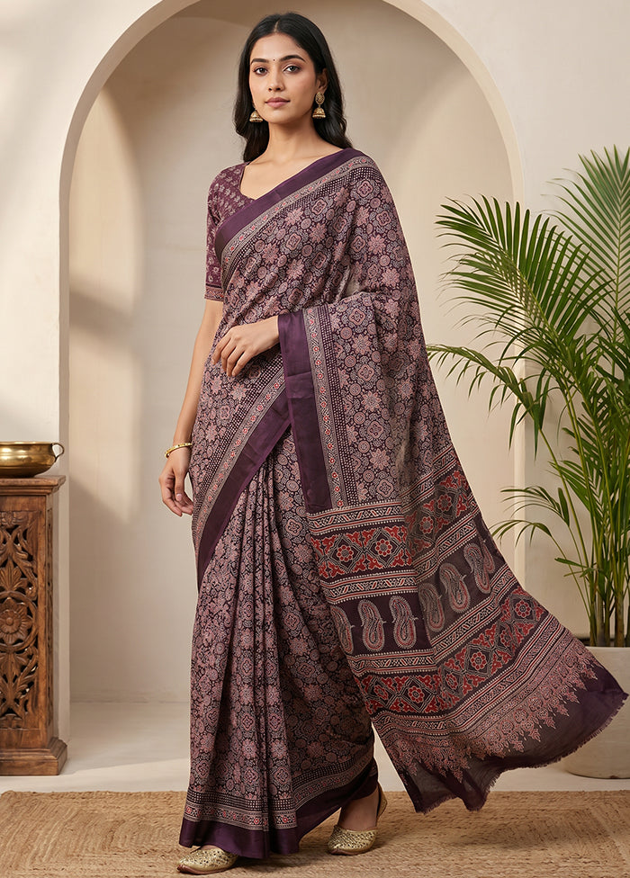 Purple Printed Silk Saree Without Blouse Piece