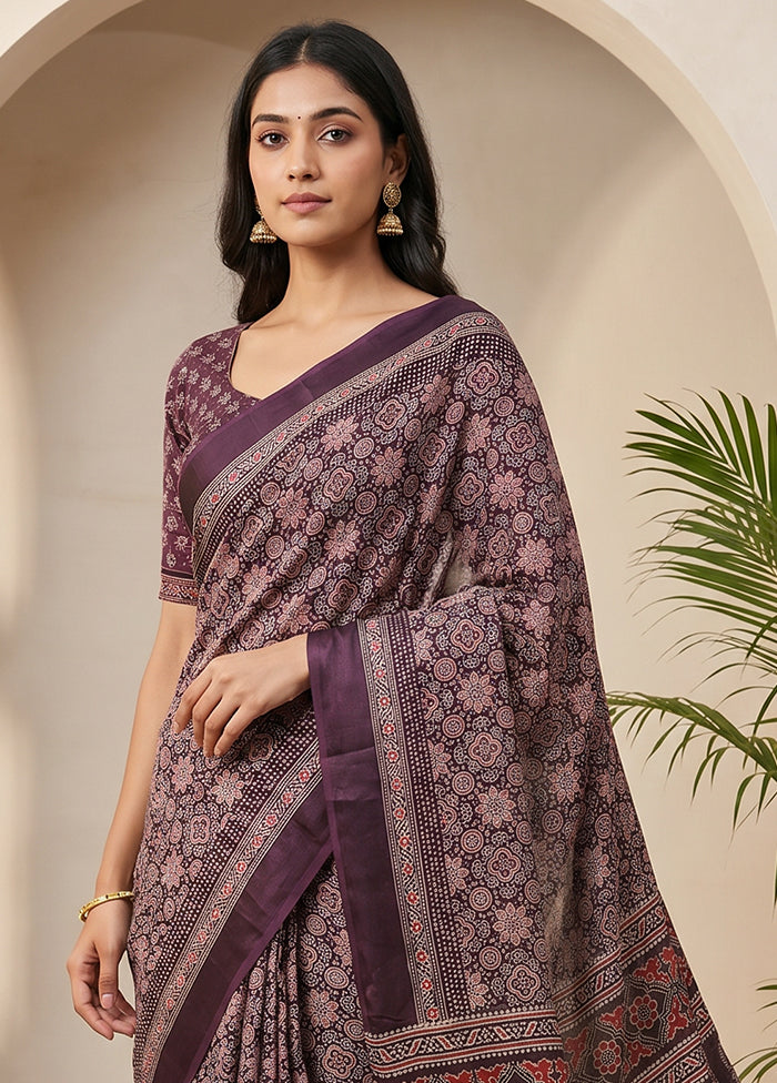 Purple Printed Silk Saree Without Blouse Piece