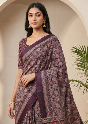 Purple Printed Silk Saree Without Blouse Piece