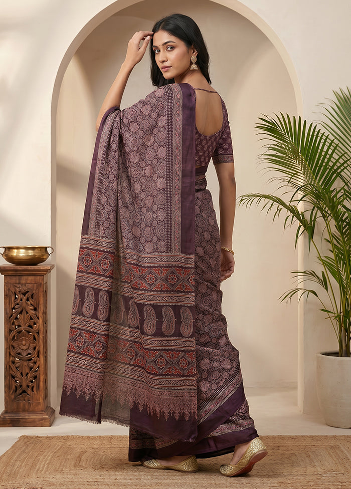 Purple Printed Silk Saree Without Blouse Piece