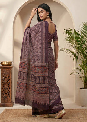 Purple Printed Silk Saree Without Blouse Piece