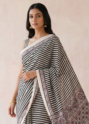 Cream Printed Pure Silk Saree Without Blouse Piece