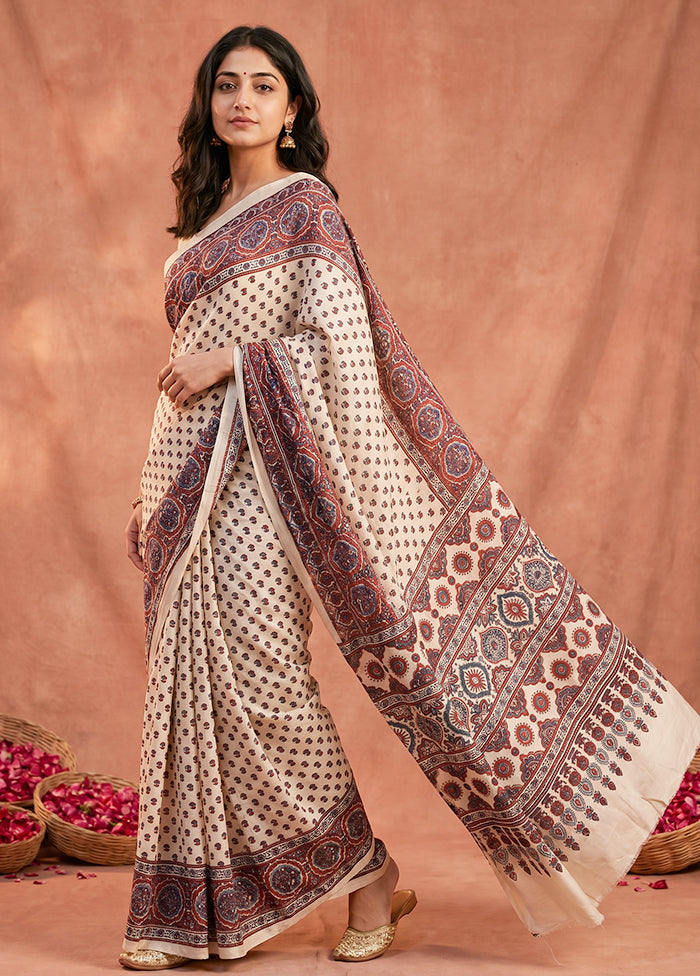 Cream Printed Pure Silk Saree Without Blouse Piece