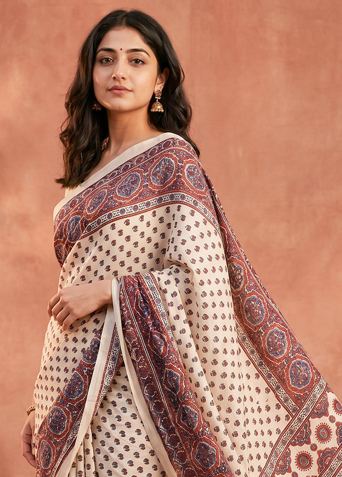 Cream Printed Pure Silk Saree Without Blouse Piece