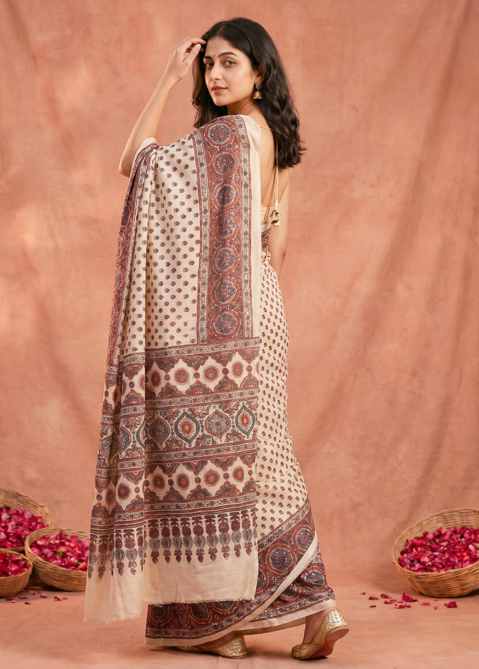 Cream Printed Pure Silk Saree Without Blouse Piece