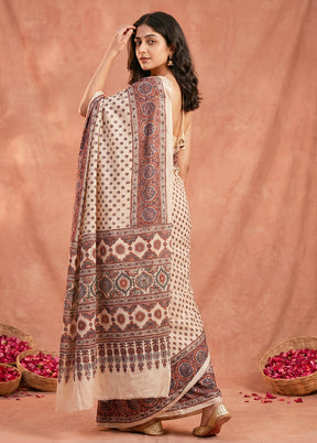 Cream Printed Pure Silk Saree Without Blouse Piece