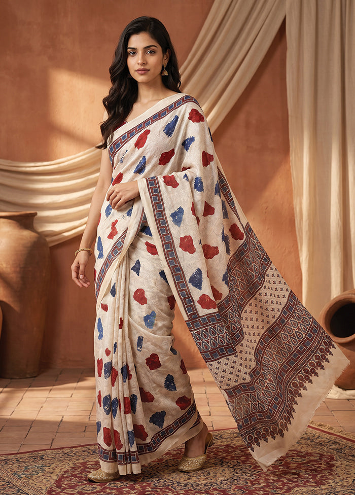 Cream Printed Pure Silk Saree Without Blouse Piece