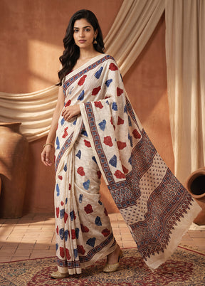 Cream Printed Pure Silk Saree Without Blouse Piece