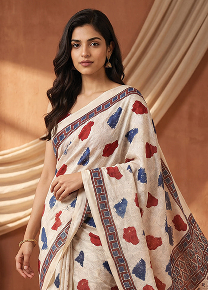 Cream Printed Pure Silk Saree Without Blouse Piece