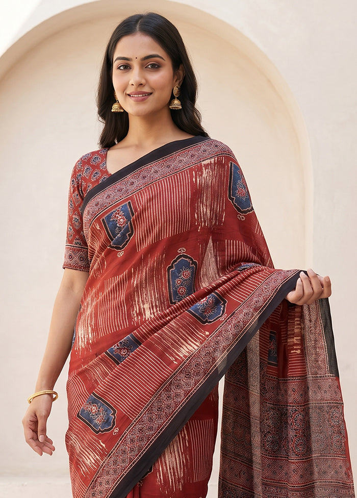 Maroon Printed Pure Silk Saree Without Blouse Piece