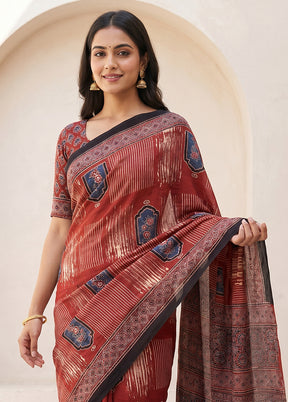 Maroon Printed Pure Silk Saree Without Blouse Piece