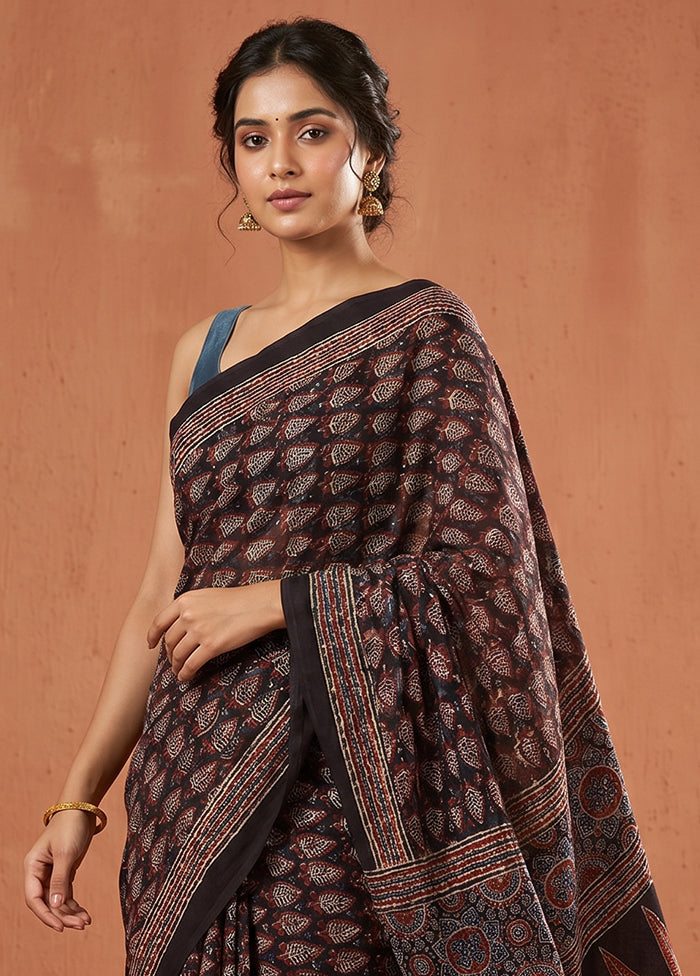 Black Printed Pure Silk Saree Without Blouse Piece