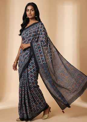 Blue Printed Pure Silk Saree Without Blouse Piece