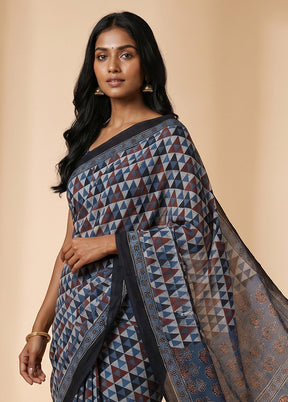 Blue Printed Pure Silk Saree Without Blouse Piece