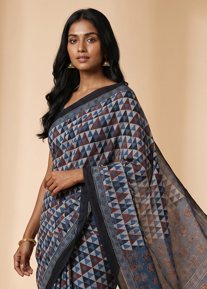 Blue Printed Pure Silk Saree Without Blouse Piece