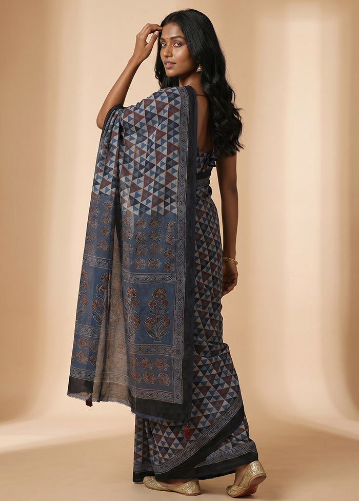 Blue Printed Pure Silk Saree Without Blouse Piece